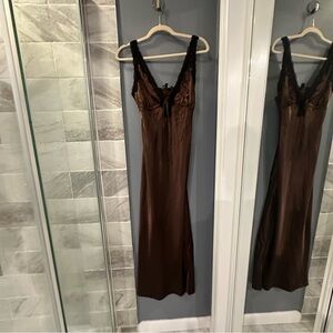 NWT Brown Satin Slip Dress with Lace Detailing